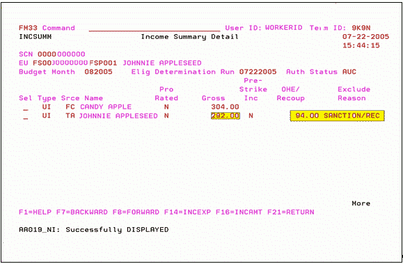 Screen Shot of Income Summary Detail