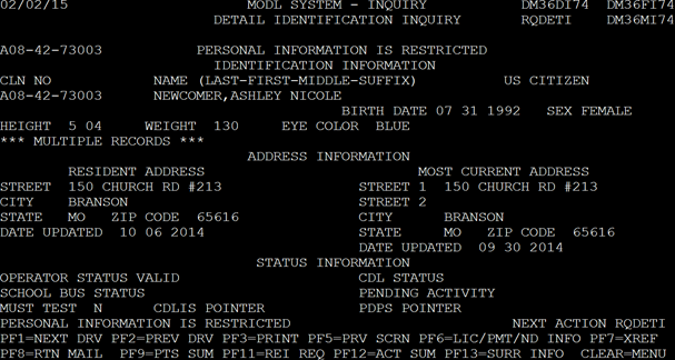 MODL, detail identification inquiry screen